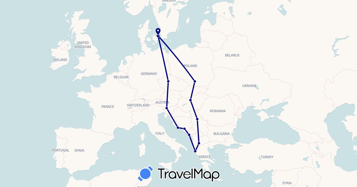 TravelMap itinerary: driving in Albania, Bosnia and Herzegovina, Czech Republic, Denmark, Croatia, Hungary, Montenegro, Macedonia, Poland, Serbia, Slovenia (Europe)